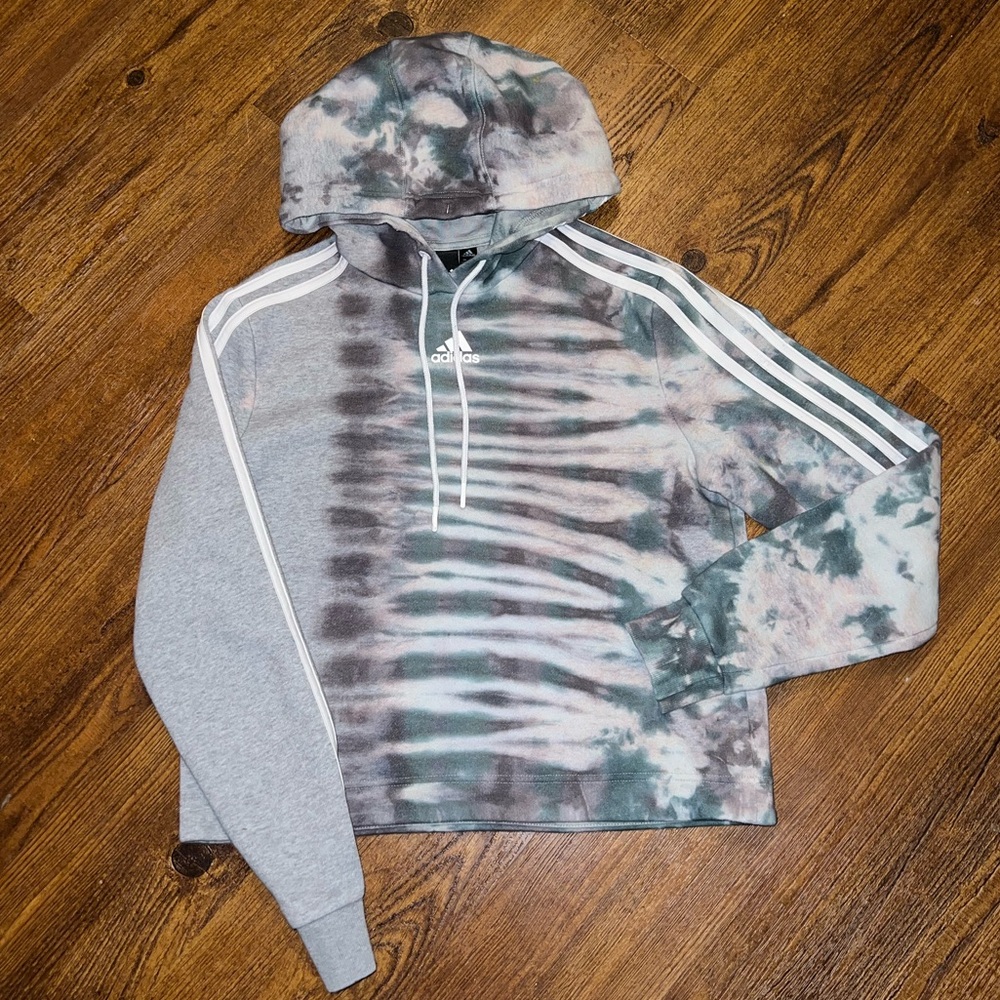 Adidas Gray Split Tie Dye Green Black Crop Long Sleeve Hooded Pullover Size S - Picture 2 of 14